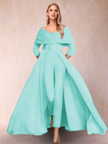 A-Line/Princess V-Neck 3/4 Sleeves 2 Pieces Pantsuits with Belt