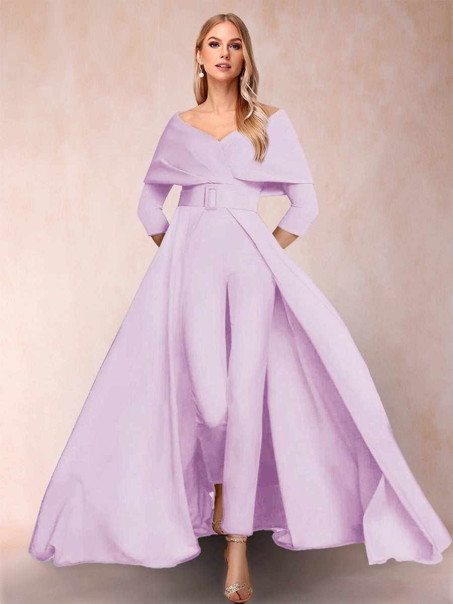 A-Line/Princess V-Neck 3/4 Sleeves 2 Pieces Pantsuits with Belt