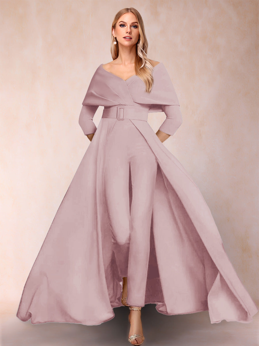 A-Line/Princess V-Neck 3/4 Sleeves 2 Pieces Pantsuits with Belt