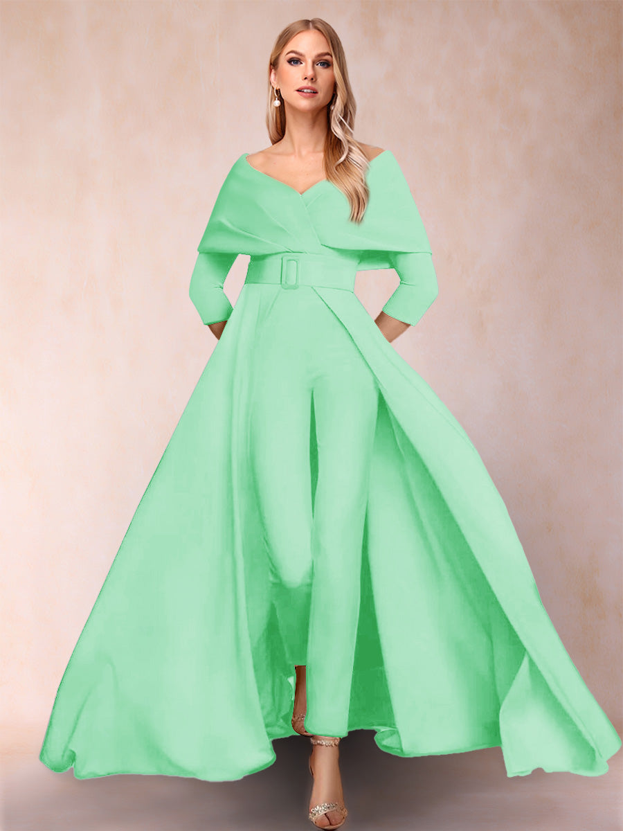 A-Line/Princess V-Neck 3/4 Sleeves 2 Pieces Pantsuits with Belt