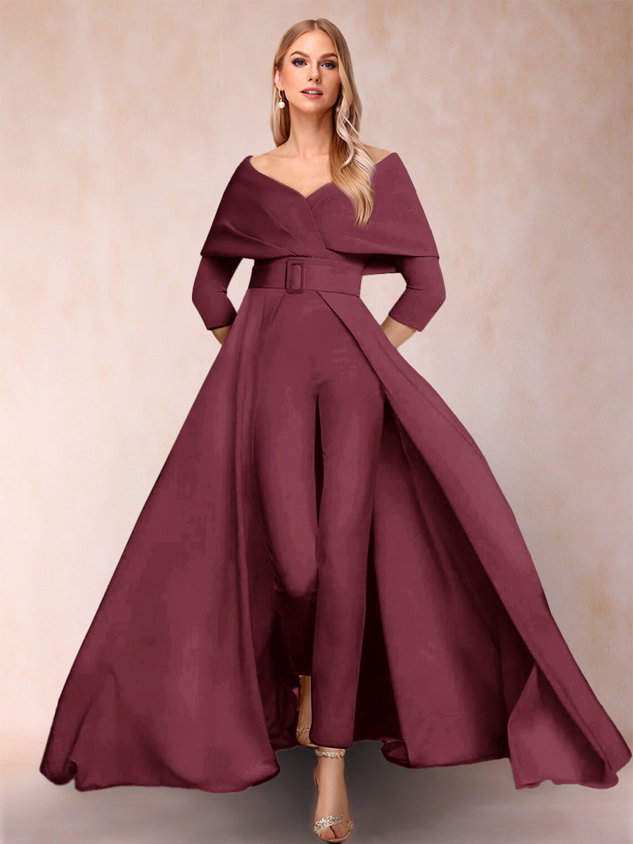 A-Line/Princess V-Neck 3/4 Sleeves 2 Pieces Pantsuits with Belt