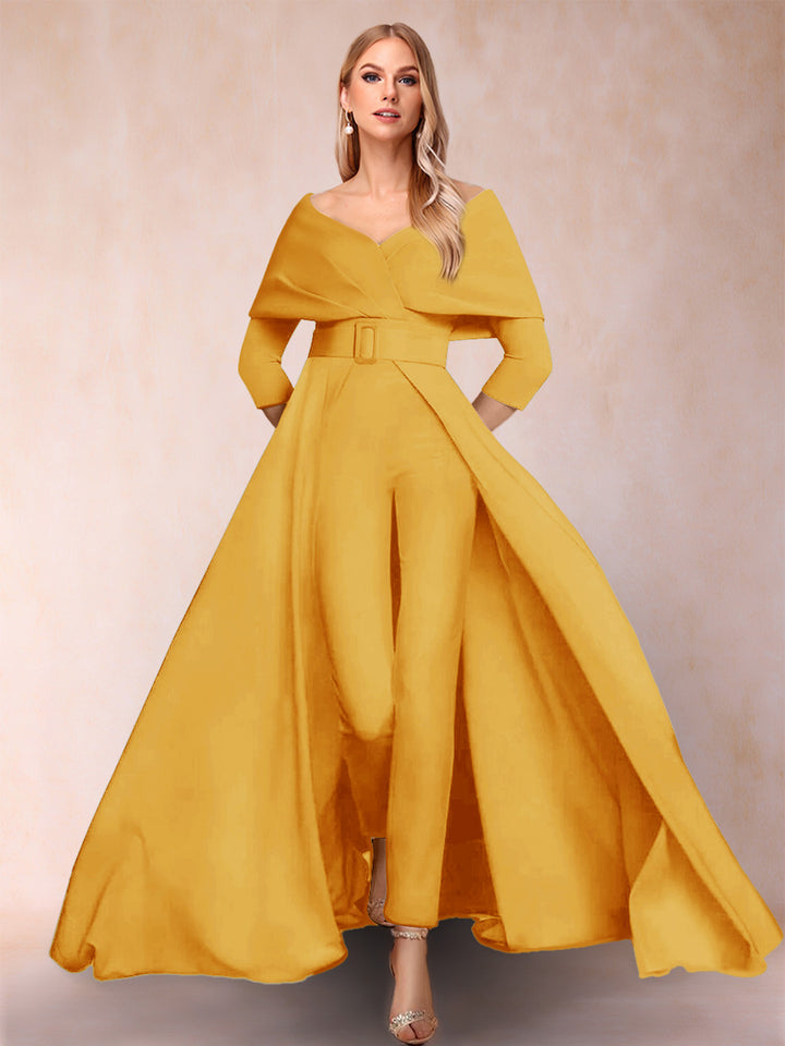 A-Line/Princess V-Neck 3/4 Sleeves Jumpsuits with Belt