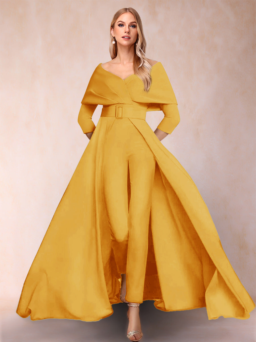 A-Line/Princess V-Neck 3/4 Sleeves 2 Pieces Pantsuits with Belt