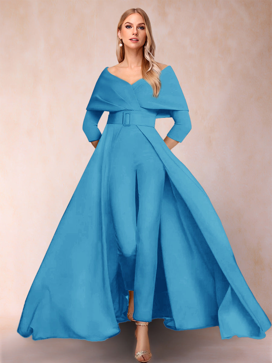 A-Line/Princess V-Neck 3/4 Sleeves 2 Pieces Pantsuits with Belt