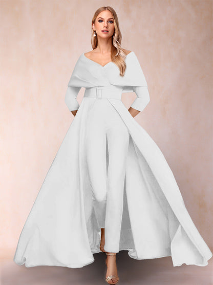 A-Line/Princess V-Neck 3/4 Sleeves 2 Pieces Pantsuits with Belt
