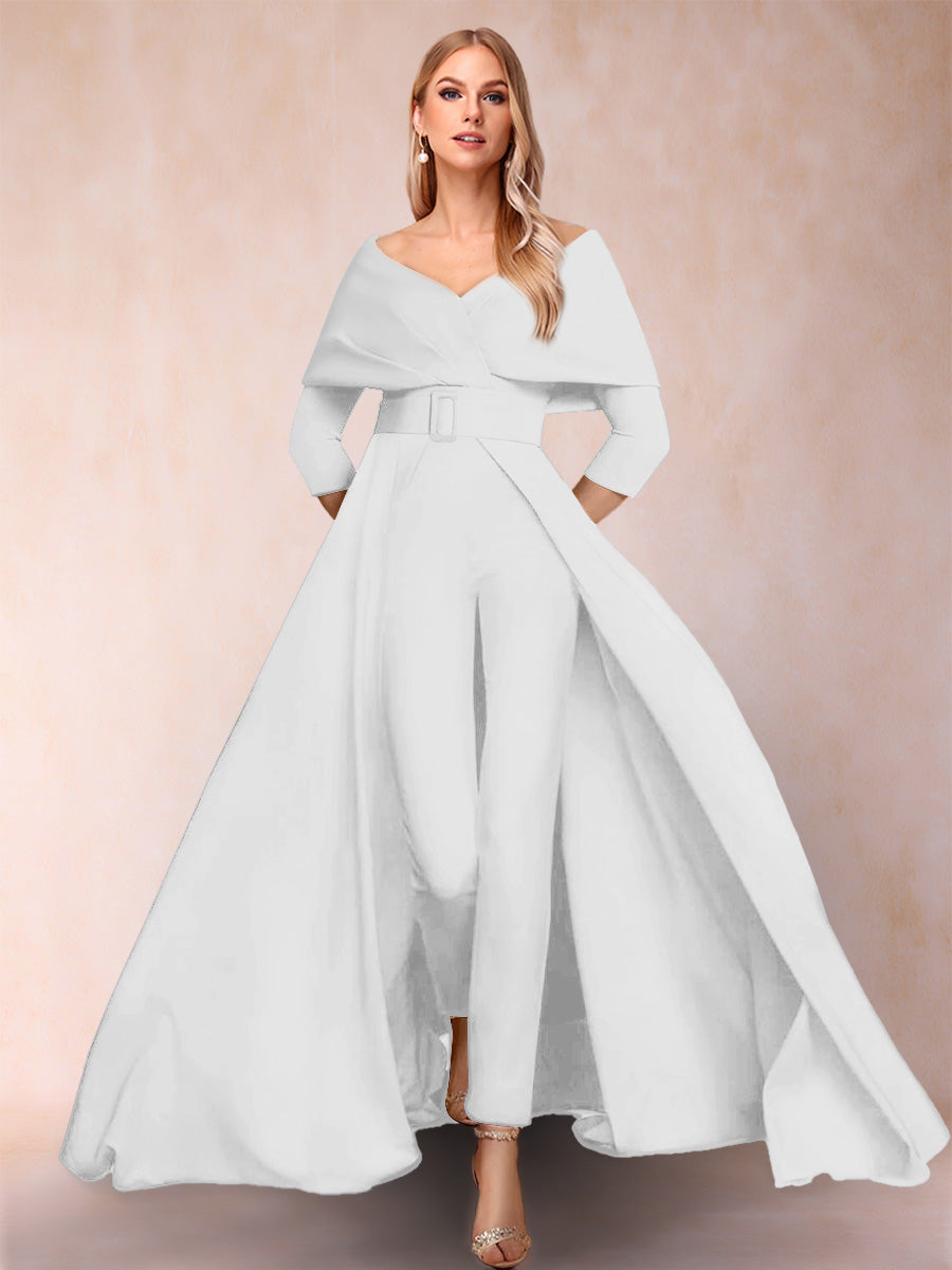 A-Line/Princess V-Neck 3/4 Sleeves 2 Pieces Pantsuits with Belt