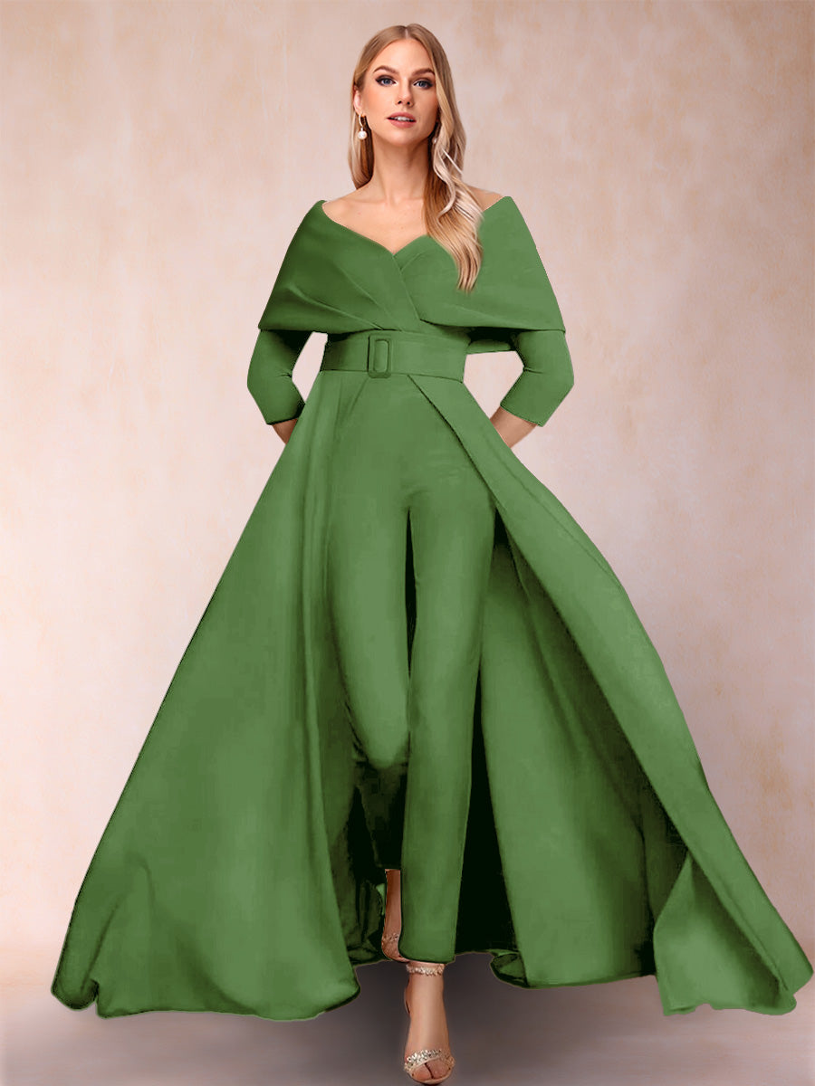 A-Line/Princess V-Neck 3/4 Sleeves 2 Pieces Pantsuits with Belt