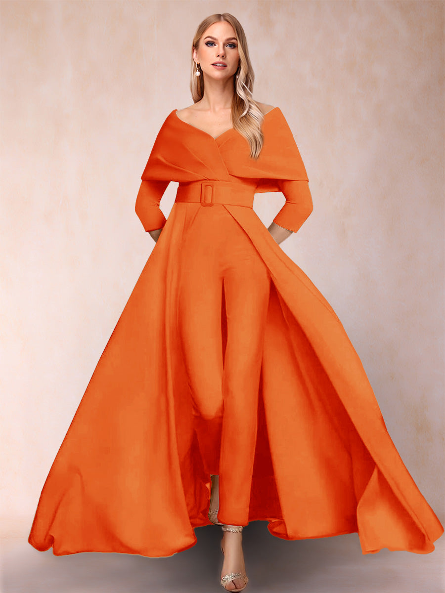 A-Line/Princess V-Neck 3/4 Sleeves 2 Pieces Pantsuits with Belt