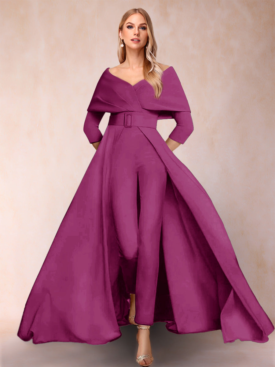 A-Line/Princess V-Neck 3/4 Sleeves 2 Pieces Pantsuits with Belt