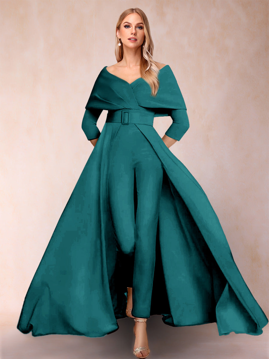 A-Line/Princess V-Neck 3/4 Sleeves 2 Pieces Pantsuits with Belt