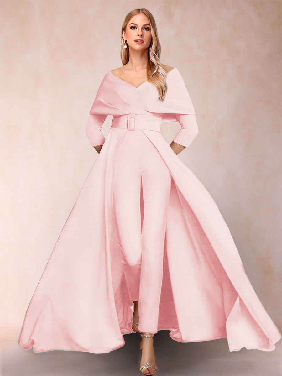 A-Line/Princess V-Neck 3/4 Sleeves 2 Pieces Pantsuits with Belt