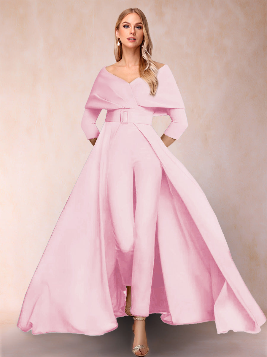 A-Line/Princess V-Neck 3/4 Sleeves 2 Pieces Pantsuits with Belt