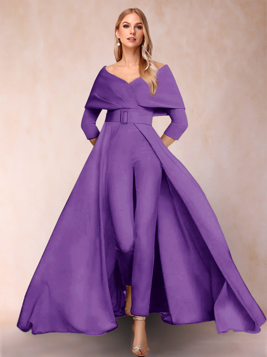 A-Line/Princess V-Neck 3/4 Sleeves 2 Pieces Pantsuits with Belt