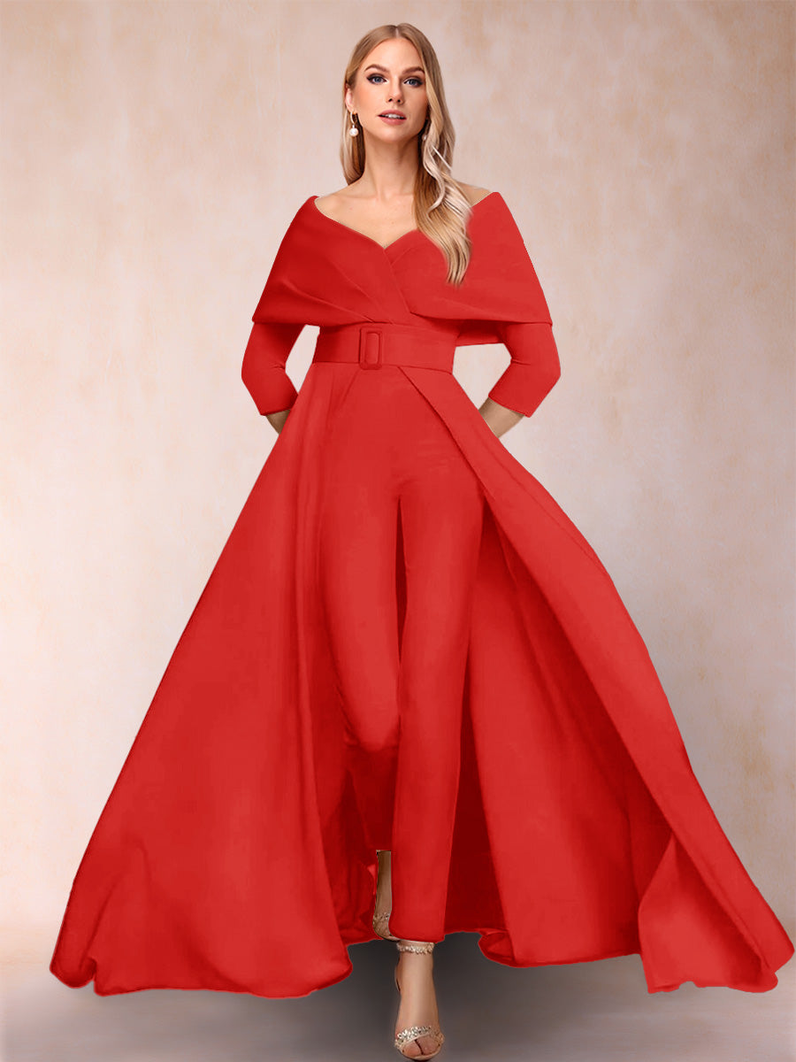 A-Line/Princess V-Neck 3/4 Sleeves 2 Pieces Pantsuits with Belt