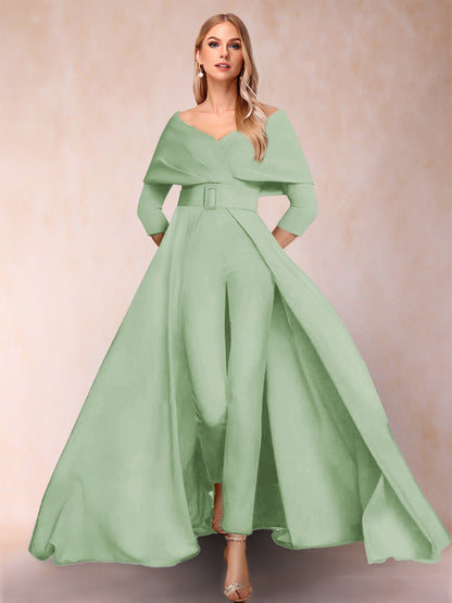 A-Line/Princess V-Neck 3/4 Sleeves 2 Pieces Pantsuits with Belt