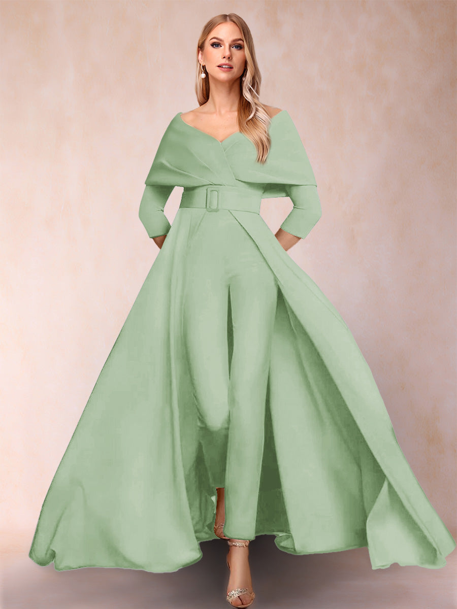 A-Line/Princess V-Neck 3/4 Sleeves 2 Pieces Pantsuits with Belt