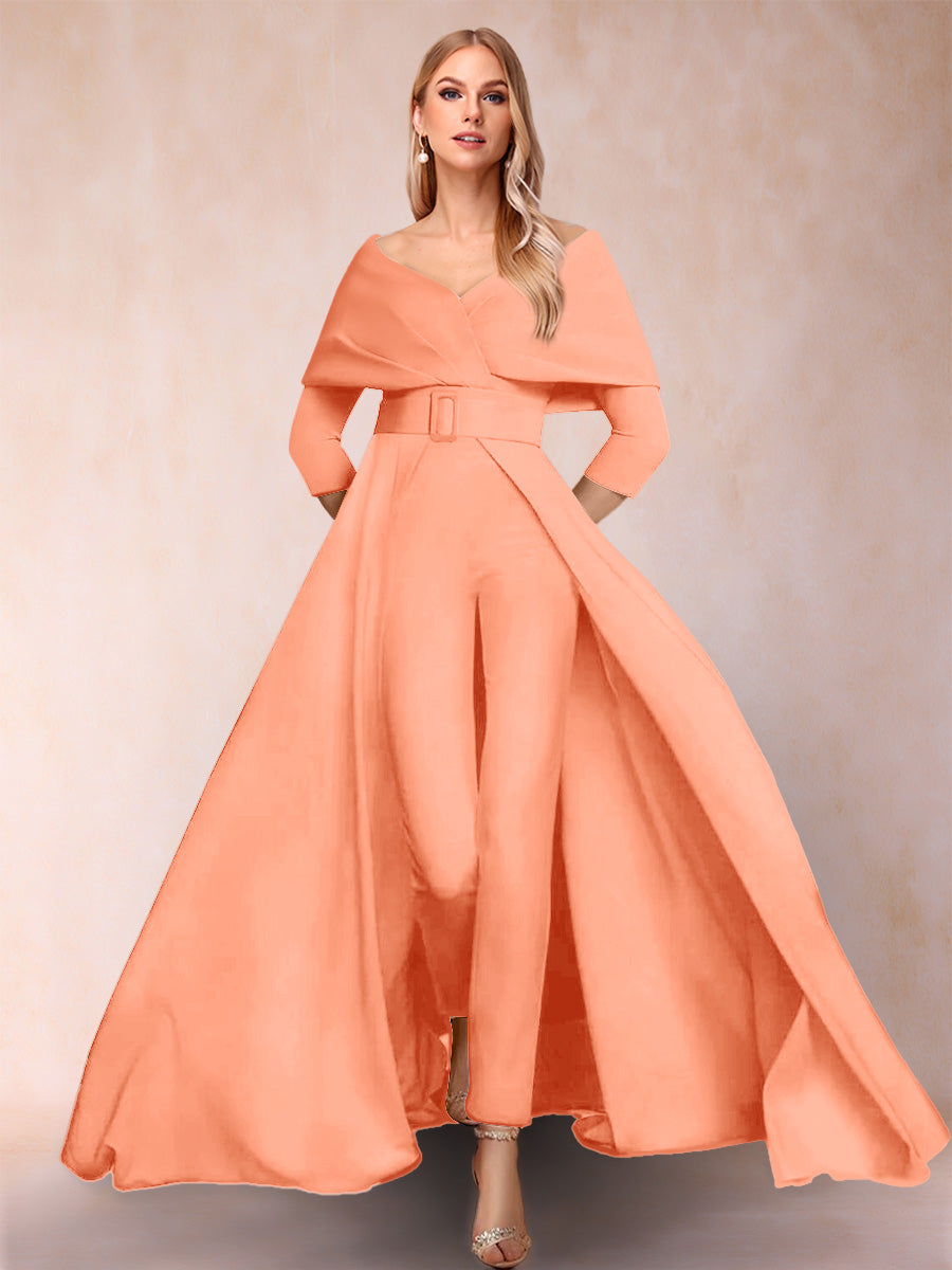 A-Line/Princess V-Neck 3/4 Sleeves 2 Pieces Pantsuits with Belt