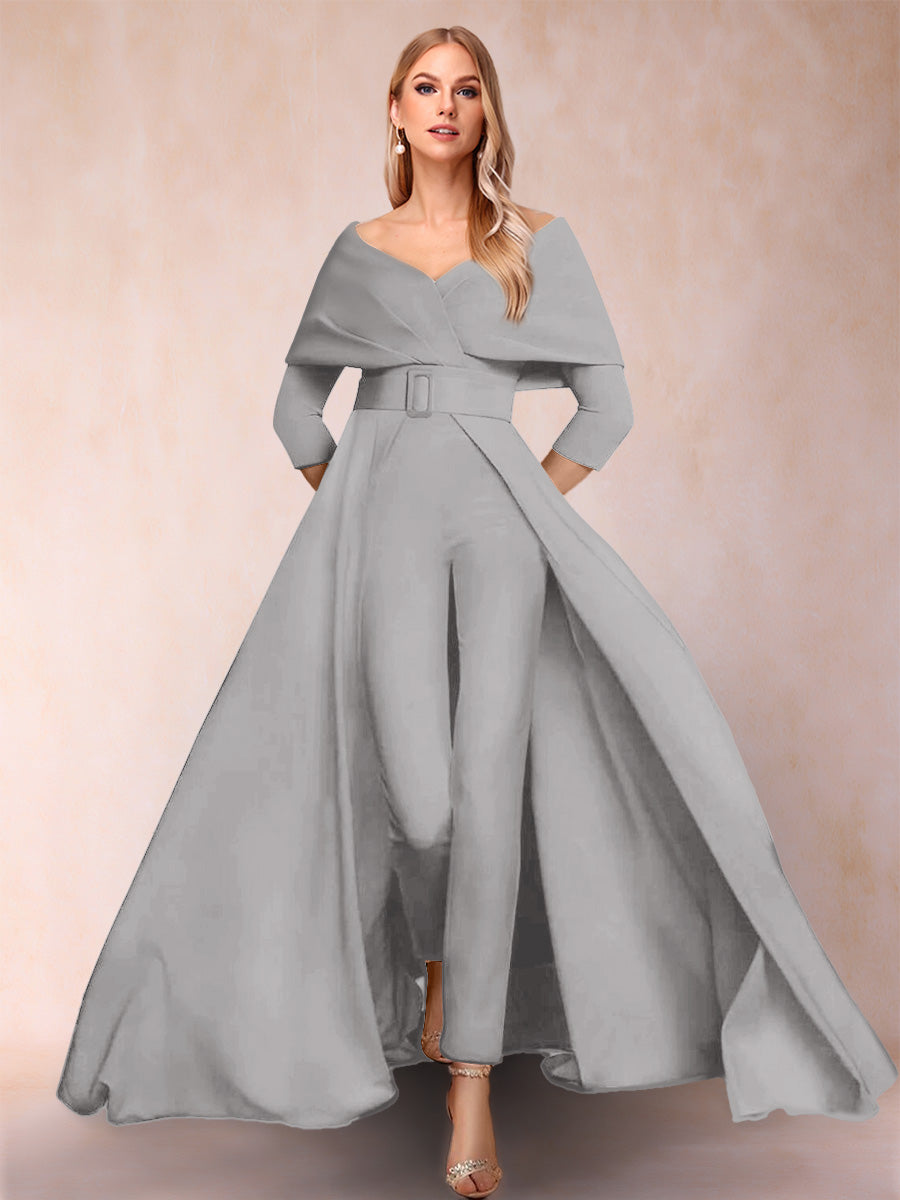 A-Line/Princess V-Neck 3/4 Sleeves 2 Pieces Pantsuits with Belt
