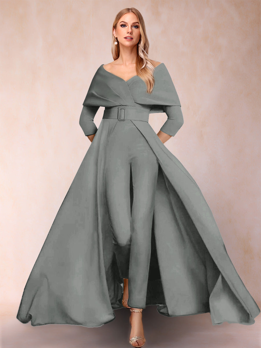 A-Line/Princess V-Neck 3/4 Sleeves 2 Pieces Pantsuits with Belt