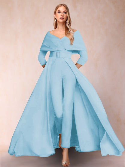 A-Line/Princess V-Neck 3/4 Sleeves 2 Pieces Pantsuits with Belt