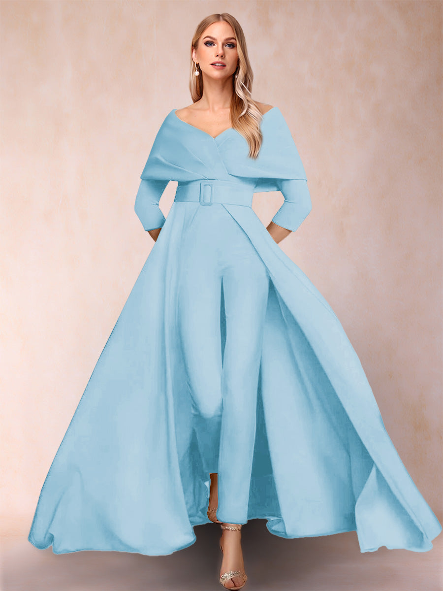 A-Line/Princess V-Neck 3/4 Sleeves 2 Pieces Pantsuits with Belt