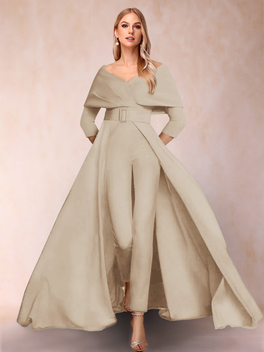 A-Line/Princess V-Neck 3/4 Sleeves 2 Pieces Pantsuits with Belt