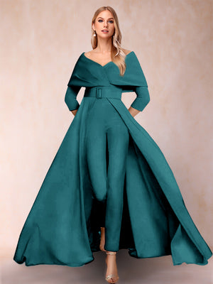A-Line/Princess V-Neck 3/4 Sleeves Jumpsuits with Belt