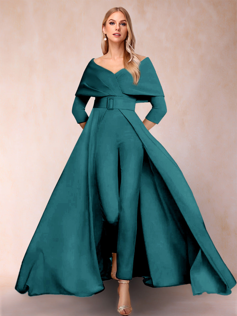 A-Line/Princess V-Neck 3/4 Sleeves 2 Pieces Pantsuits with Belt