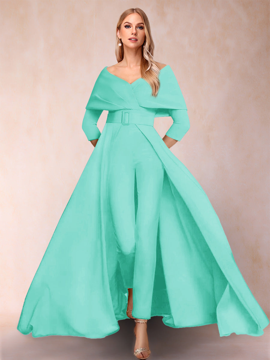 A-Line/Princess V-Neck 3/4 Sleeves 2 Pieces Pantsuits with Belt