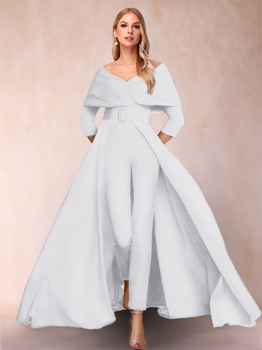 A-Line/Princess V-Neck 3/4 Sleeves 2 Pieces Pantsuits with Belt