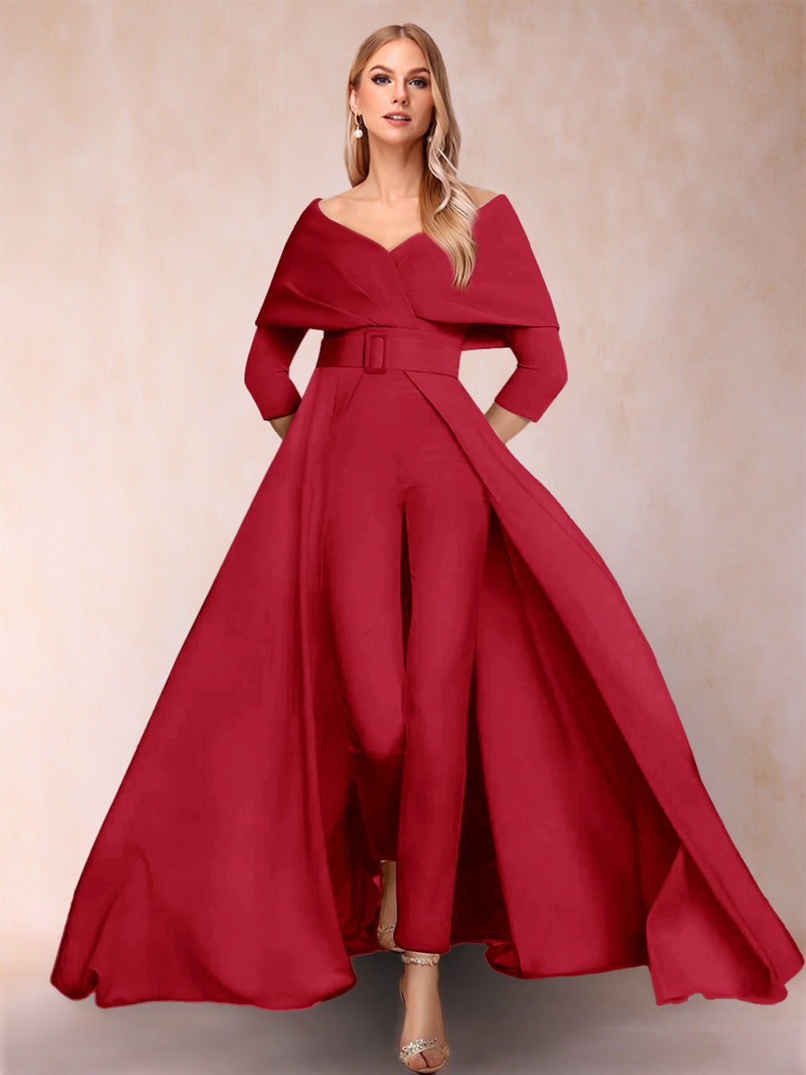 A-Line/Princess V-Neck 3/4 Sleeves 2 Pieces Pantsuits with Belt