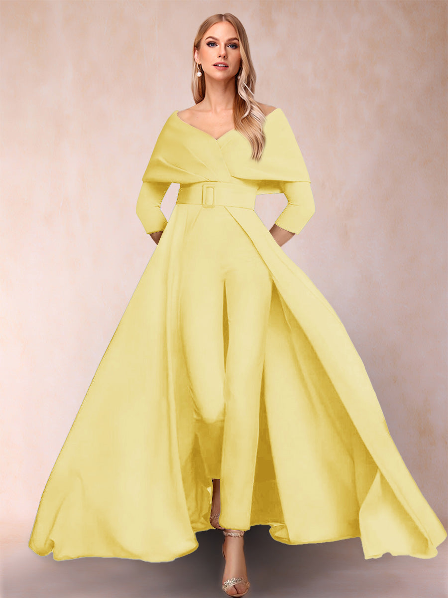 A-Line/Princess V-Neck 3/4 Sleeves 2 Pieces Pantsuits with Belt