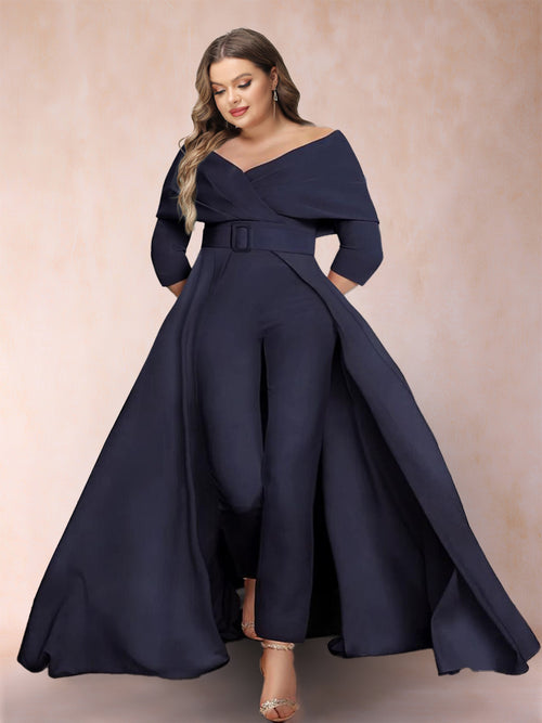 A-Line/Princess V-Neck 3/4 Sleeves Plus Size Jumpsuits with Belt
