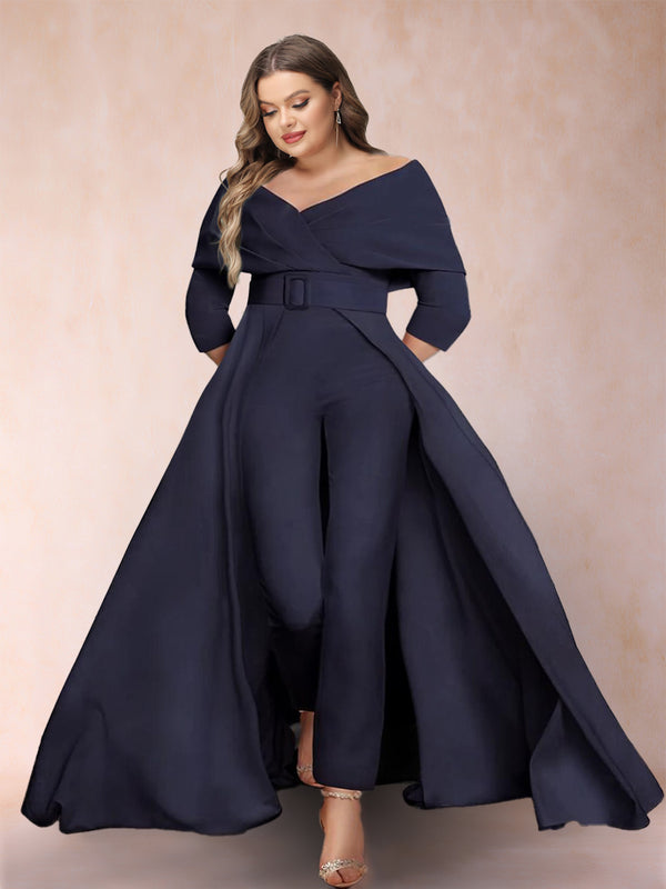 A-Line/Princess V-Neck 3/4 Sleeves Plus Size Jumpsuits with Belt