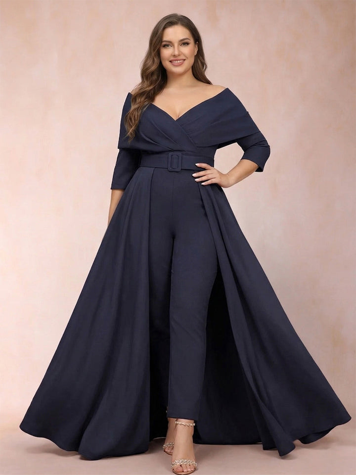 A-Line/Princess V-Neck 3/4 Sleeves Plus Size Jumpsuits with Belt