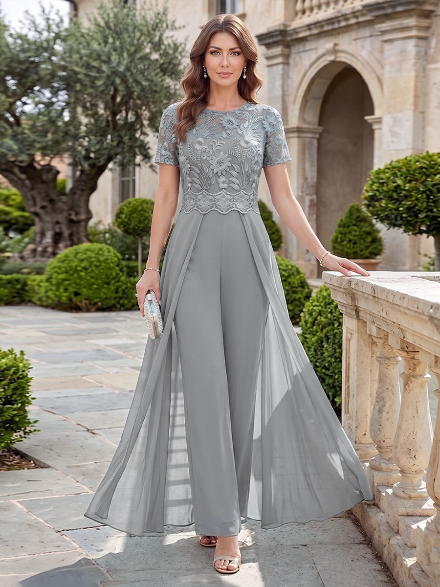 A-Line/Princess Scoop Short Sleeves Jumpsuit with Applique