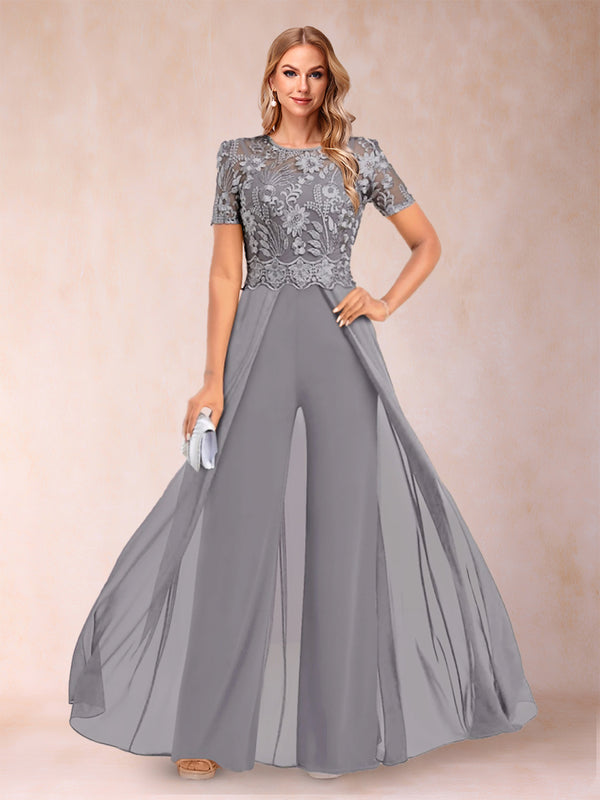 A-Line/Princess Scoop Short Sleeves Jumpsuit with Applique