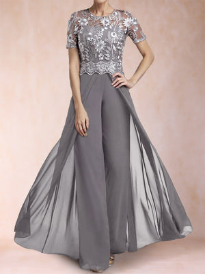 A-Line/Princess Scoop Short Sleeves Jumpsuit with Applique