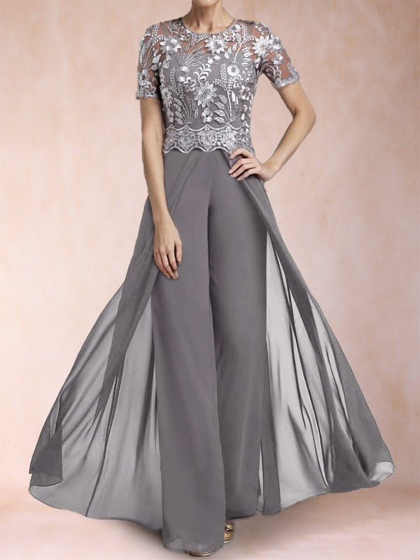 A-Line/Princess Scoop Short Sleeves Jumpsuit with Applique