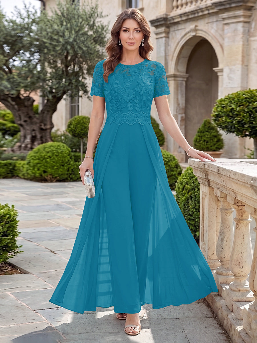 A-Line/Princess Scoop Short Sleeves Jumpsuit with Applique
