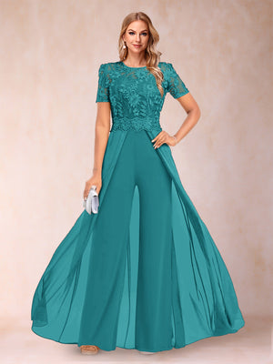 A-Line/Princess Scoop Short Sleeves Jumpsuit with Applique