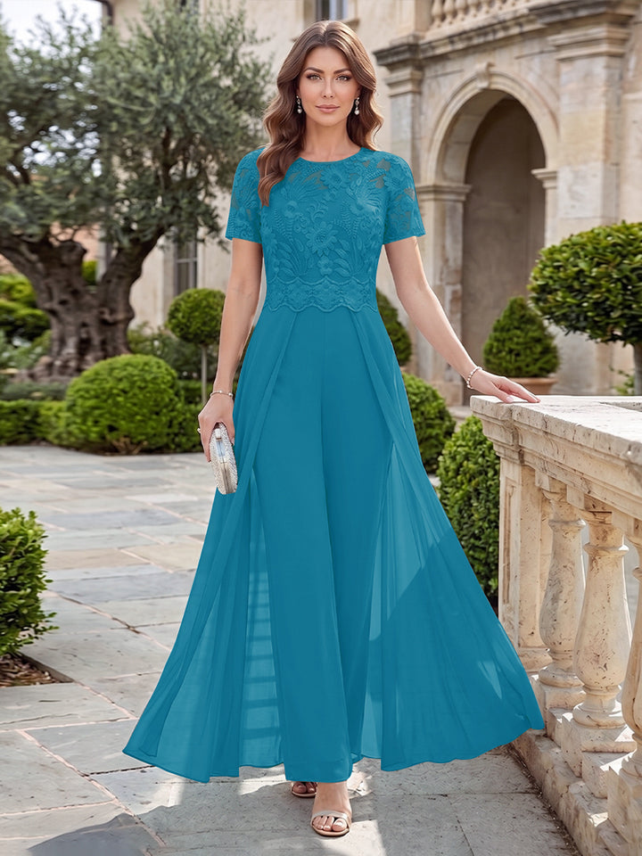 A-Line/Princess Scoop Short Sleeves Jumpsuit with Applique