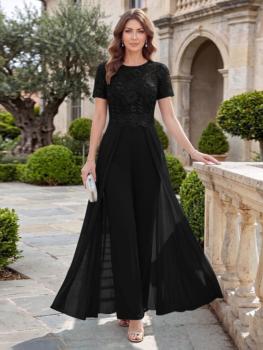A-Line/Princess Scoop Short Sleeves Jumpsuit with Applique