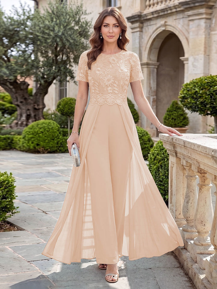 A-Line/Princess Scoop Short Sleeves Jumpsuit with Applique
