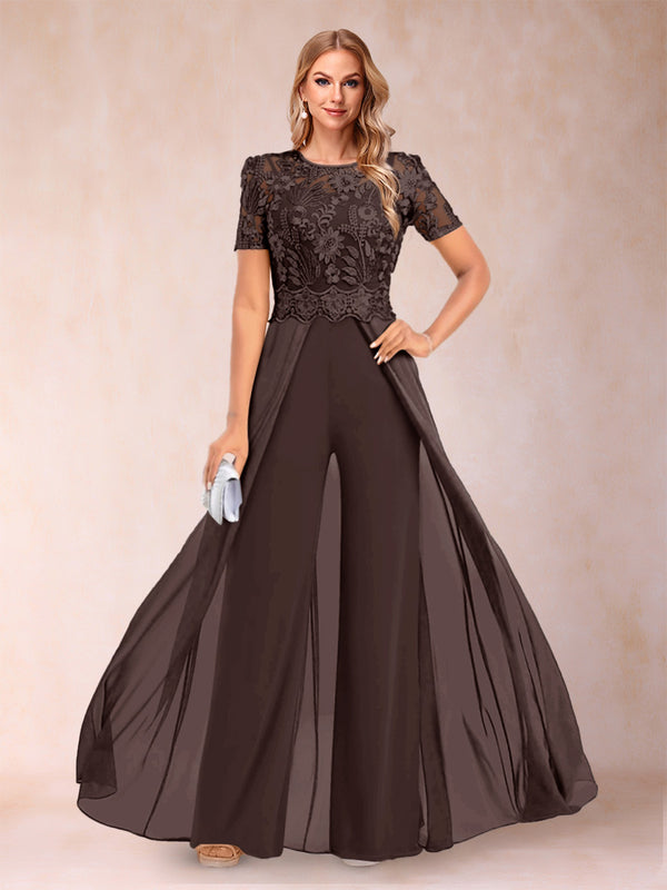 A-Line/Princess Scoop Short Sleeves Jumpsuit with Applique