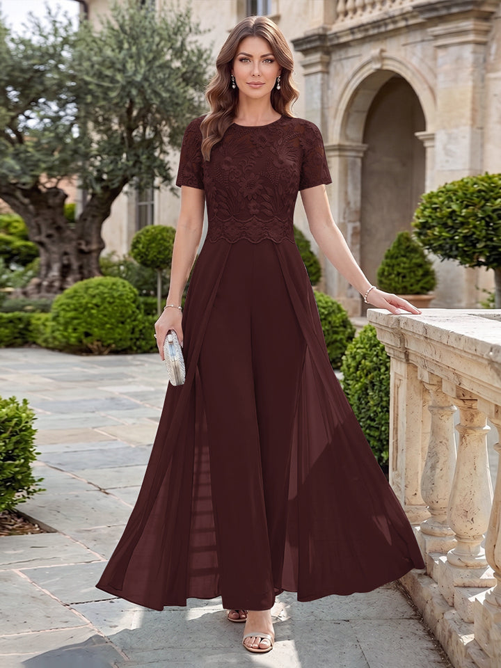 A-Line/Princess Scoop Short Sleeves Jumpsuit with Applique