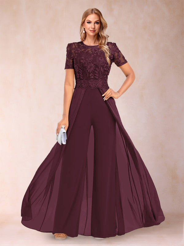 A-Line/Princess Scoop Short Sleeves Jumpsuit with Applique