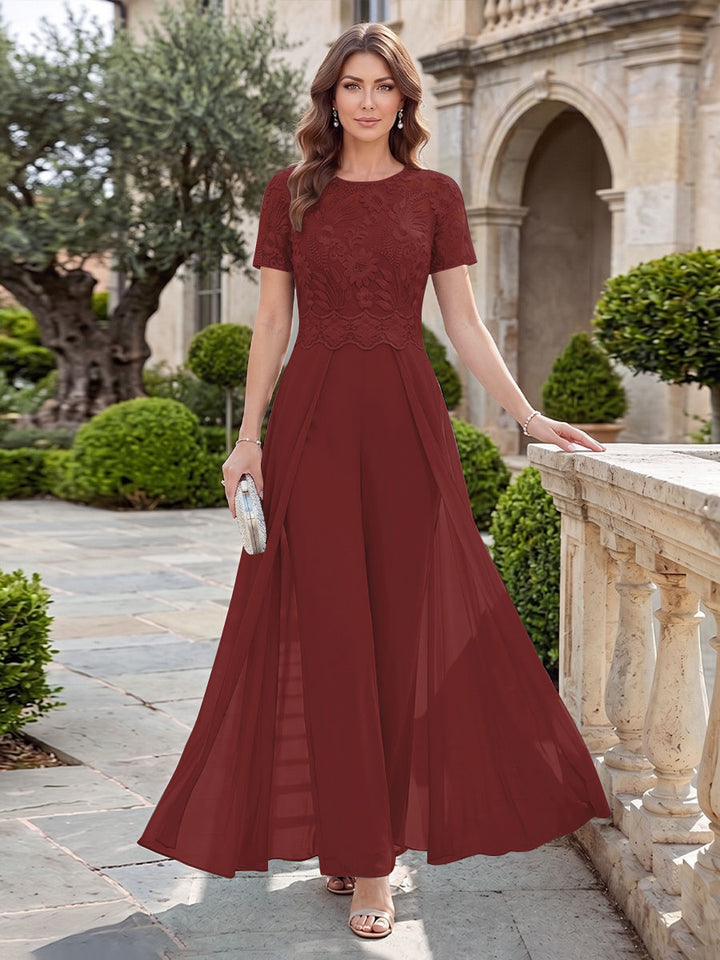 A-Line/Princess Scoop Short Sleeves Jumpsuit with Applique