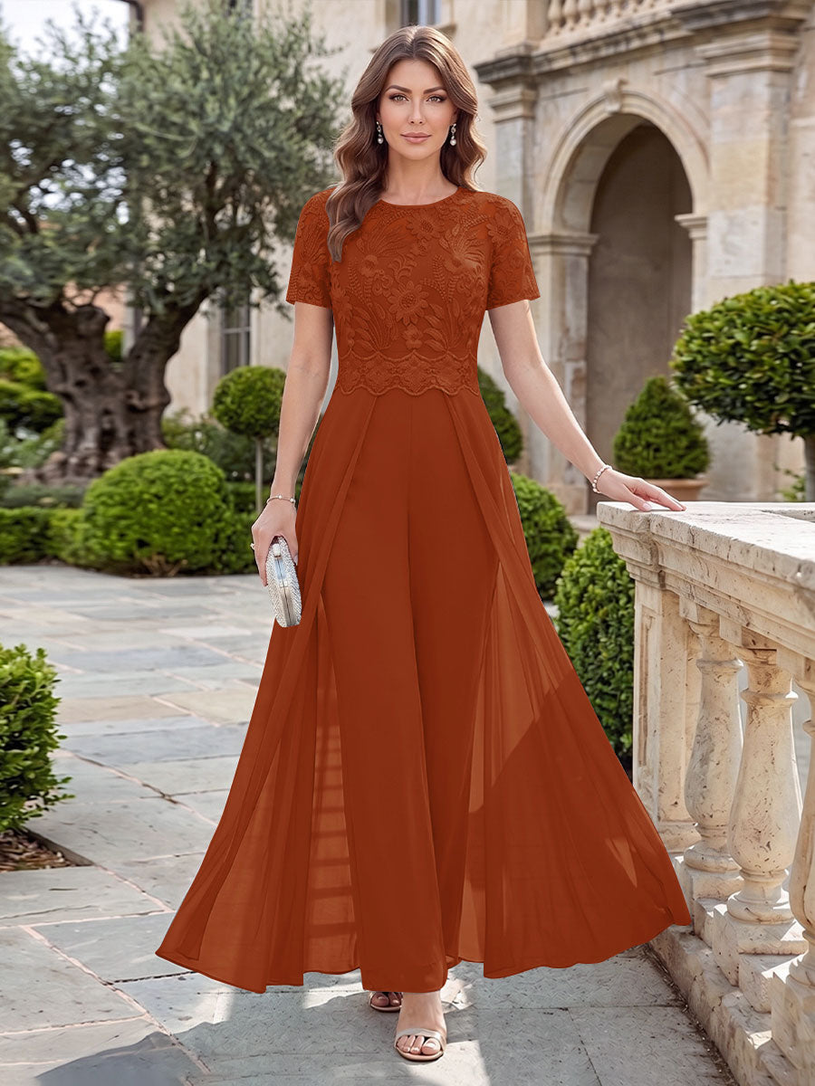 A-Line/Princess Scoop Short Sleeves Jumpsuit with Applique