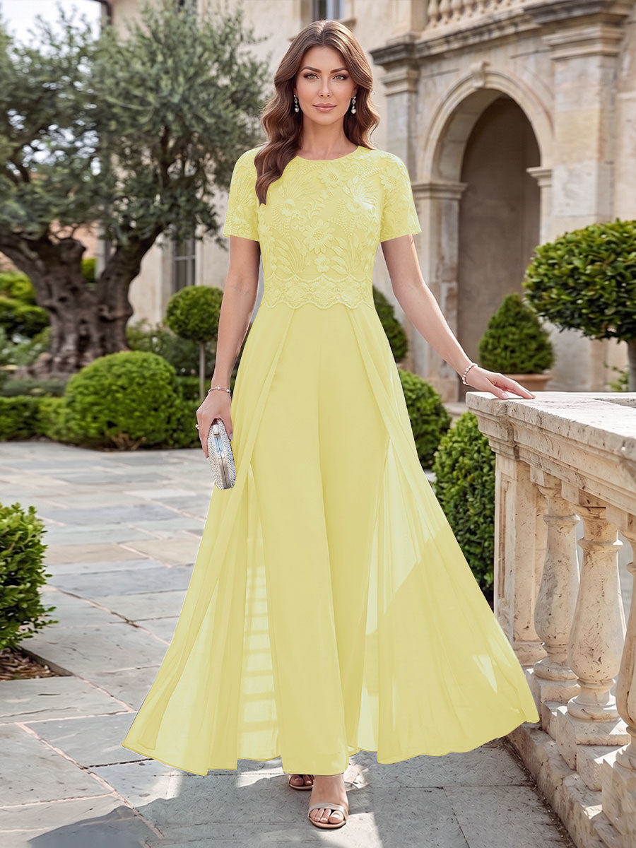 A-Line/Princess Scoop Short Sleeves Jumpsuit with Applique